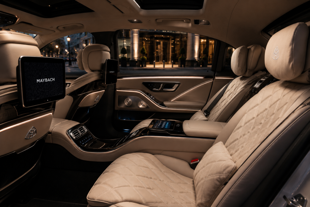 Interior of a Mercedes Maybach available for point-to-point chauffeur service in Boston and the Northeast